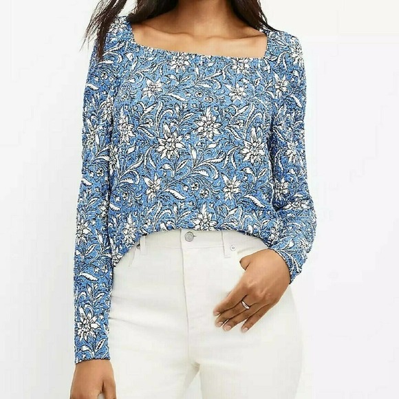 LOFT Tops - Loft XS Smocked Top Blue Floral NWT New